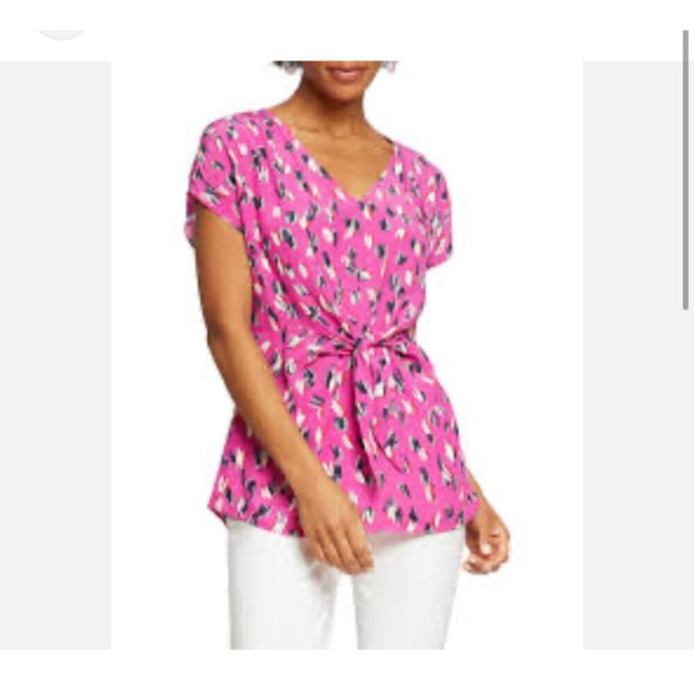 NIC+ZOE Cool Cat Printed V Neck Short Sleeve Blouse Size Large